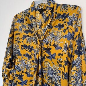 Gold and Navy long sleeve Blouse with matching (attached) scarf